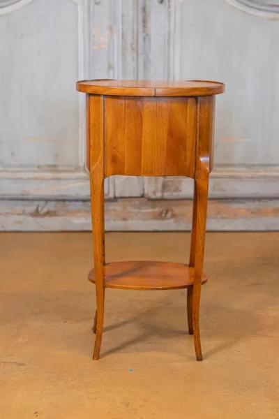 Pair of French Transition Style Oval Shaped Fruitwood Bedside Tables with Inlay