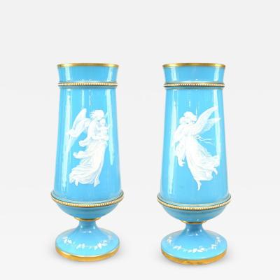 Pair of French Victorian Blue Opaline Angel Vases