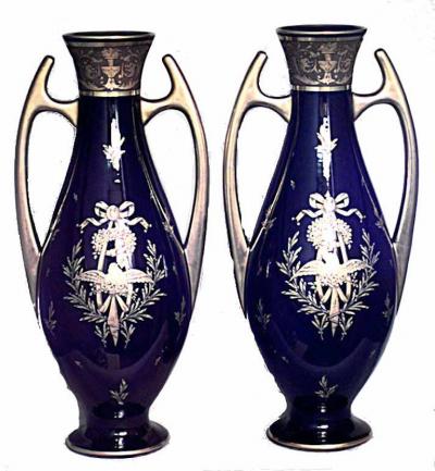 Pair of French Victorian Blue Porcelain Vases