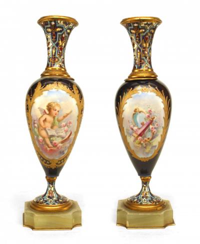 Pair of French Victorian Blue Sevre Porcelain Vases