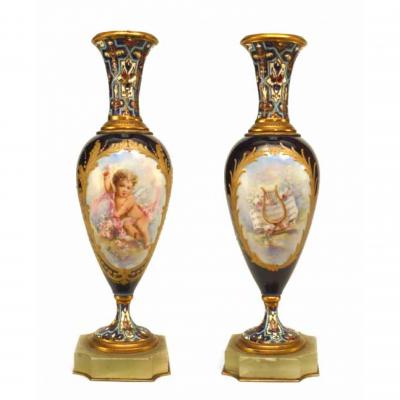 Pair of French Victorian Blue Sevre Porcelain Vases