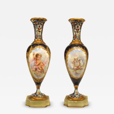 Pair of French Victorian Blue Sevre Porcelain Vases