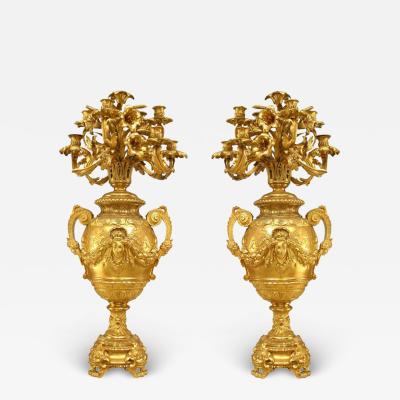 Pair of French Victorian Bronze Dore Urn Shaped Candelabras