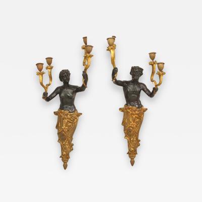 Pair of French Victorian Bronze Figural Wall Sconces