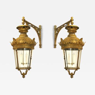 Pair of French Victorian Bronze Paneled Wall Lanterns