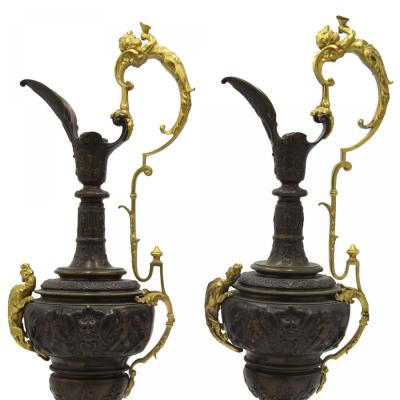 Pair of French Victorian Bronze and Gilt Ewers