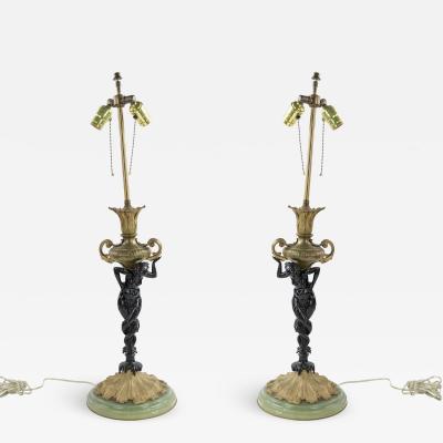 Pair of French Victorian Bronze and Onxy Table Lamps