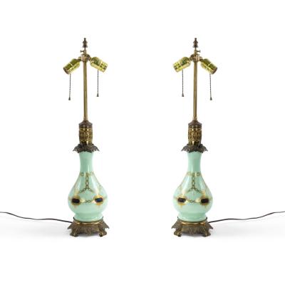 Pair of French Victorian Celadon Glass Table Lamps