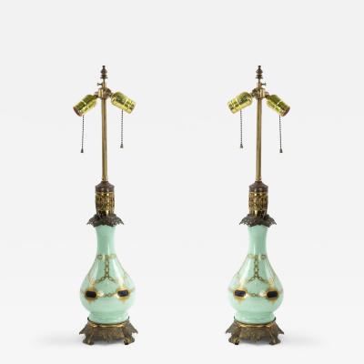Pair of French Victorian Celadon Glass Table Lamps