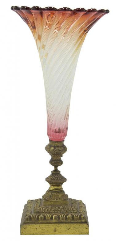 Pair of French Victorian Cranberry Swirl Glass Vases