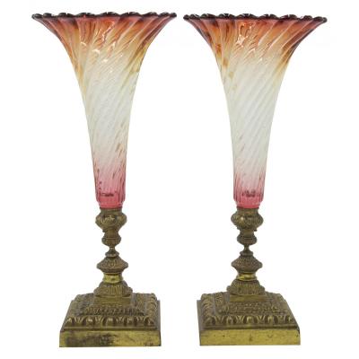 Pair of French Victorian Cranberry Swirl Glass Vases