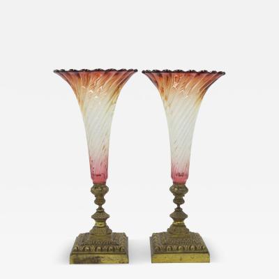 Pair of French Victorian Cranberry Swirl Glass Vases