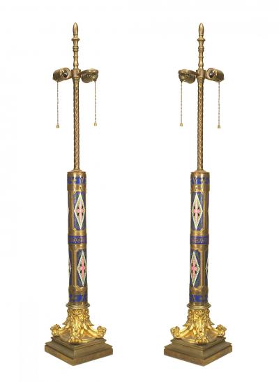 Pair of French Victorian Enamel Column Table Lamps