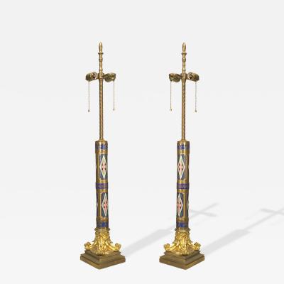 Pair of French Victorian Enamel Column Table Lamps