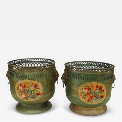 Pair of French Victorian Floral Tole Pots