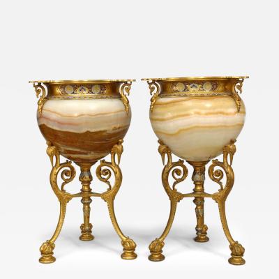 Pair of French Victorian Gilt Bronze and Onyx Footed Vases