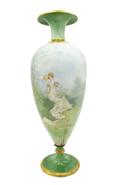 Pair of French Victorian Green Limoges Porcelain Vases