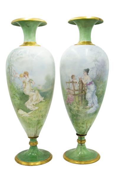 Pair of French Victorian Green Limoges Porcelain Vases