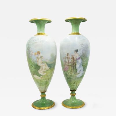 Pair of French Victorian Green Limoges Porcelain Vases