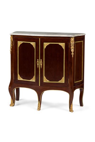 Pair of French Victorian Mahogany and Brass Marble Top Commodes