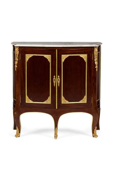 Pair of French Victorian Mahogany and Brass Marble Top Commodes