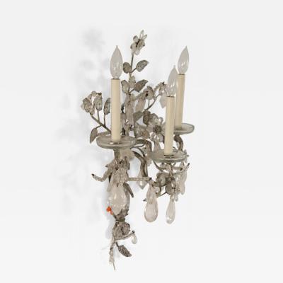 Pair of French Victorian Metal Leaf and Floral Crystal Wall Sconces