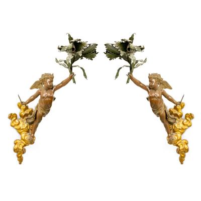 Pair of French Victorian Patinated Brass Cupid Wall Sconces