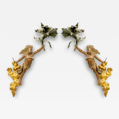 Pair of French Victorian Patinated Brass Cupid Wall Sconces
