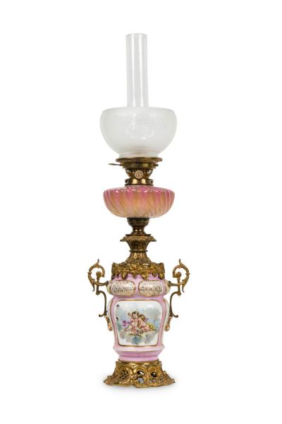 Pair of French Victorian Pink Sevres Porcelain Oil Lamps