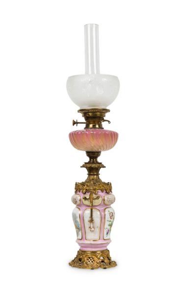 Pair of French Victorian Pink Sevres Porcelain Oil Lamps