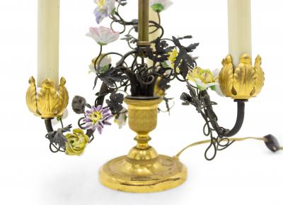 Pair of French Victorian Porcelain Flower and Bronze Table Lamps