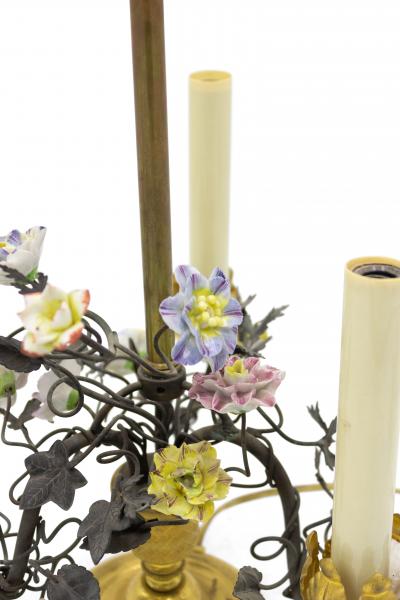 Pair of French Victorian Porcelain Flower and Bronze Table Lamps