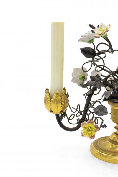 Pair of French Victorian Porcelain Flower and Bronze Table Lamps