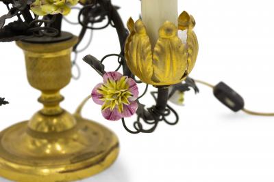 Pair of French Victorian Porcelain Flower and Bronze Table Lamps