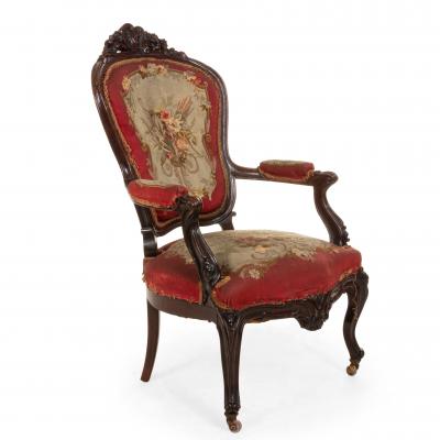 Pair of French Victorian Red Floral Arm Chairs