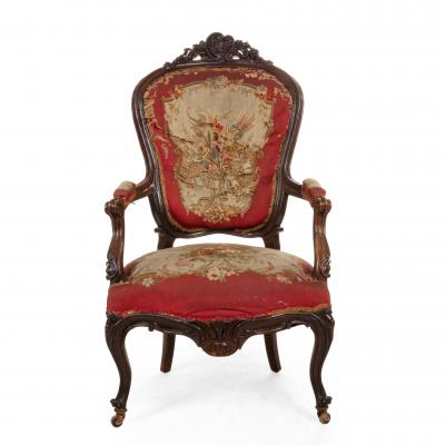 Pair of French Victorian Red Floral Arm Chairs