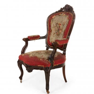 Pair of French Victorian Red Floral Arm Chairs