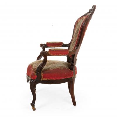 Pair of French Victorian Red Floral Arm Chairs
