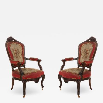 Pair of French Victorian Red Floral Arm Chairs