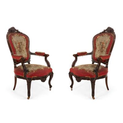 Pair of French Victorian Red Floral Armchairs