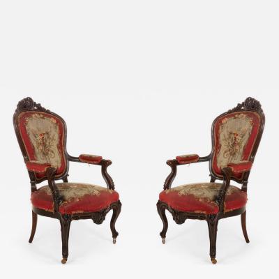 Pair of French Victorian Red Floral Armchairs