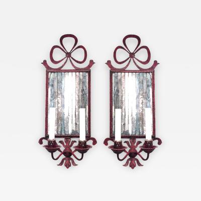 Pair of French Victorian Red Tole and Mirror Bow Knot Wall Sconces