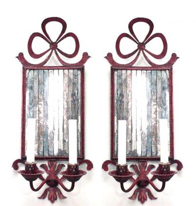 Pair of French Victorian Red Tole and Mirror Bow Knot Wall Sconces