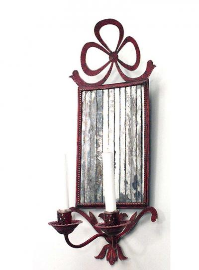 Pair of French Victorian Red Tole and Mirror Bow Knot Wall Sconces