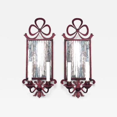 Pair of French Victorian Red Tole and Mirror Bow Knot Wall Sconces