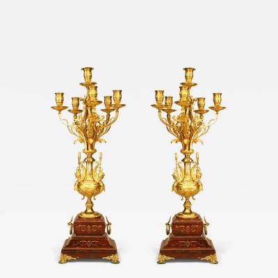 Pair of French Victorian Rouge Marble and Bronze Candelabra
