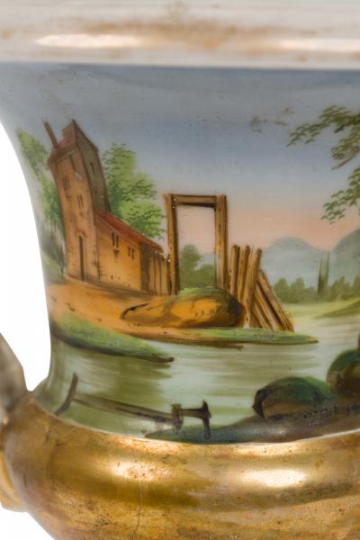 Pair of French Victorian Sevre Compagna Gilt and Painted Porcelain Urns