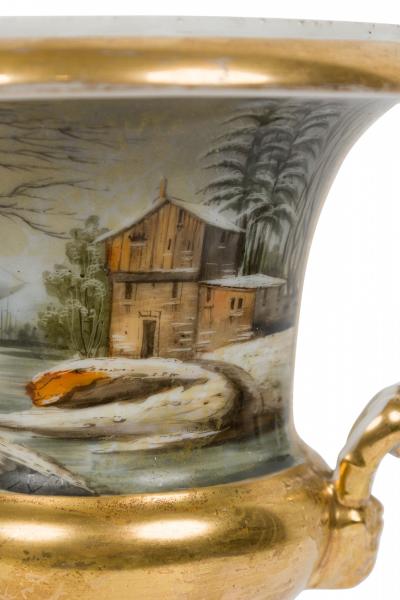 Pair of French Victorian Sevre Compagna Gilt and Painted Porcelain Urns