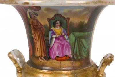 Pair of French Victorian Sevre Compagna Gilt and Painted Porcelain Urns