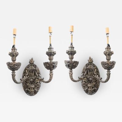 Pair of French Victorian Silver Plate Filigree Wall Sconces